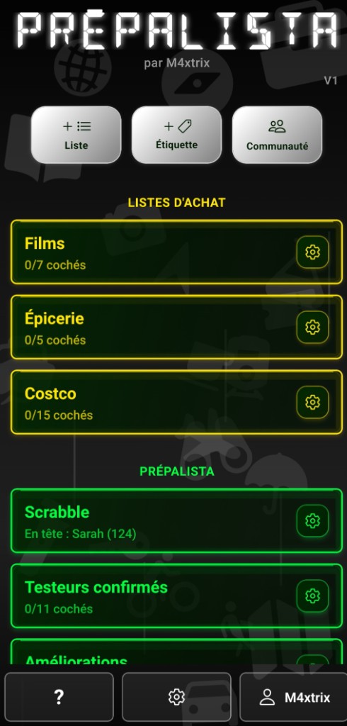 Menu principal de Prépalista avec des listes d’achat en jaune et des listes Prépalista en vert