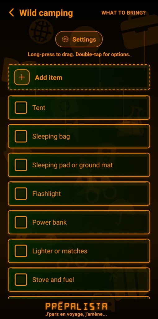Liste Wild camping en orange : tente, sac de couchage, lampe, réchaud