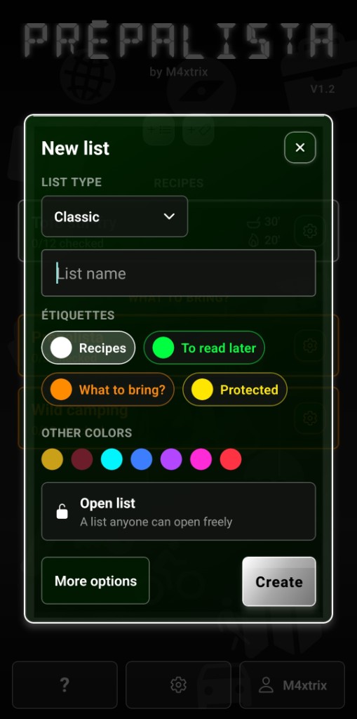 Fenêtre de création d’une nouvelle liste avec étiquettes et palette de couleurs