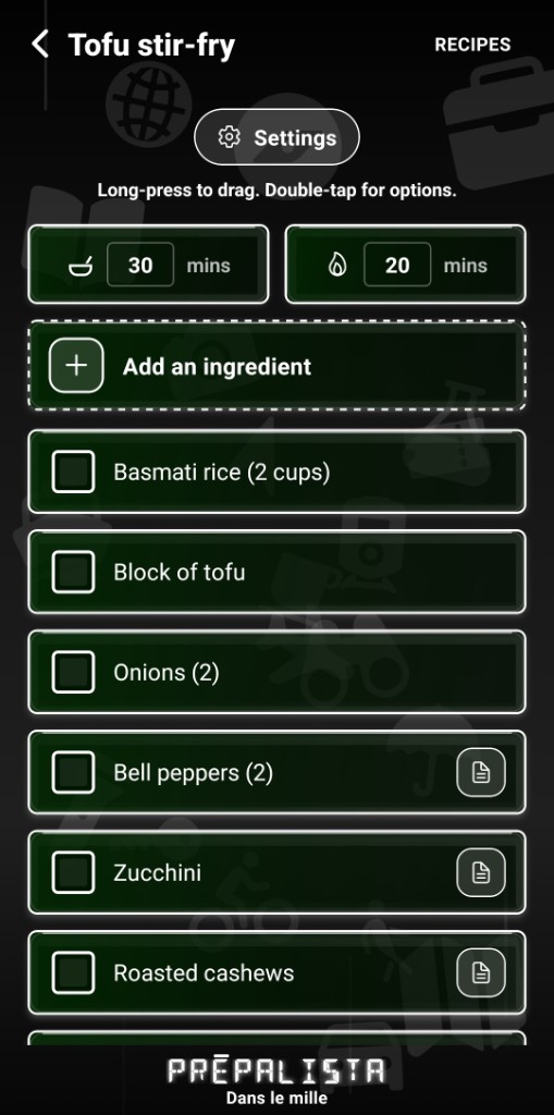Liste d’ingrédients de la recette Tofu stir-fry avec cases à cocher