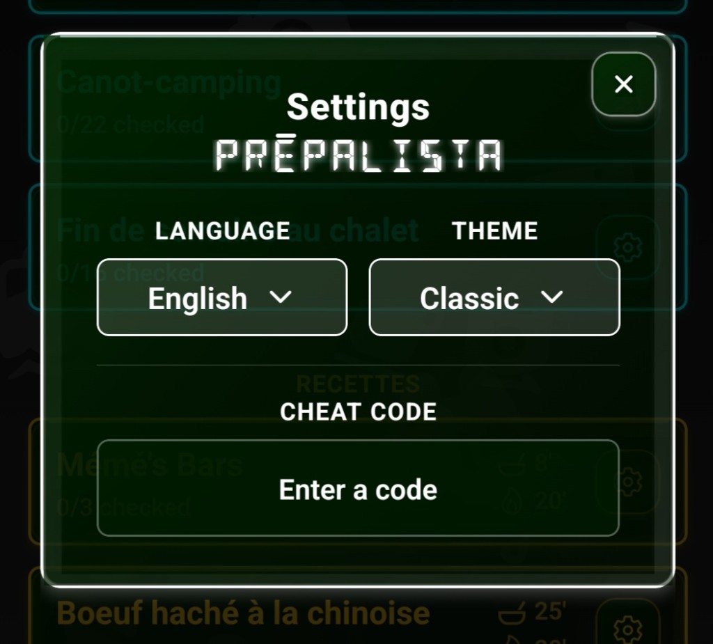 Fenêtre des réglages : langue English, thème Classic et champ de code